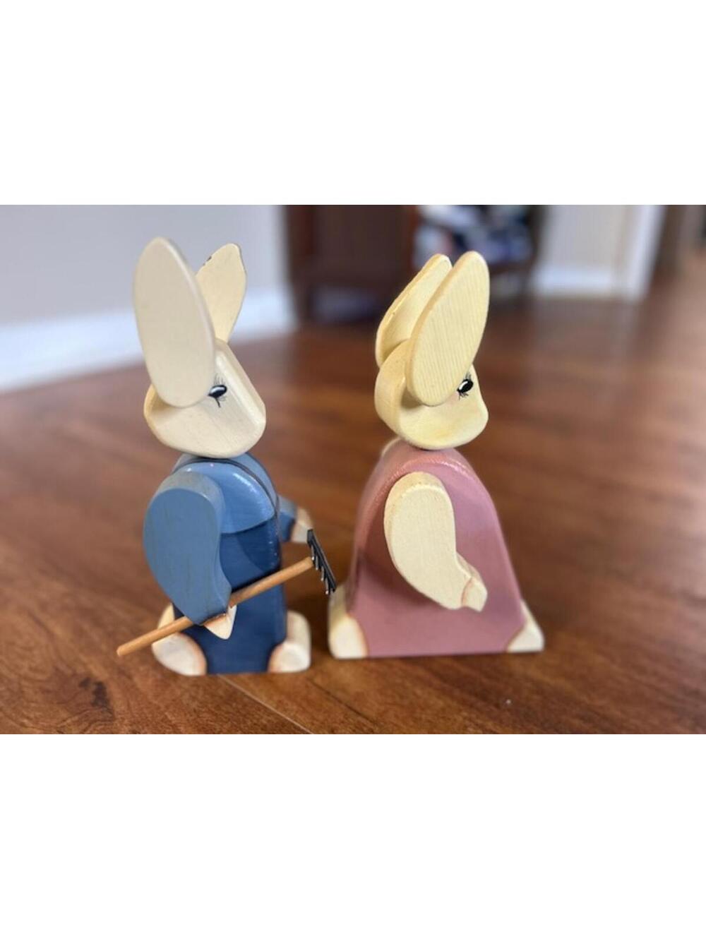 Vintage Wooden Bunny Figurines Set of 2